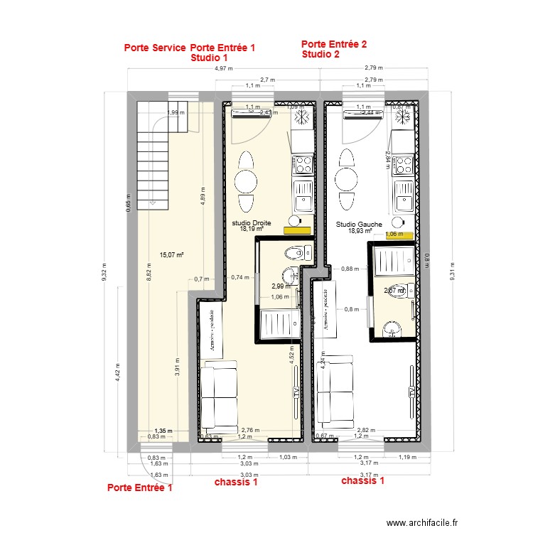 immeuble 1 RDC V2-c 2 Chauf-Clim studios. Plan de 5 pièces et 66 m2
