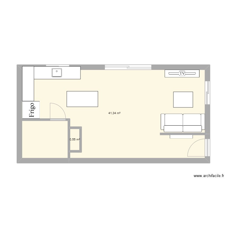 Salon/cuisine. Plan de 2 pièces et 42 m2