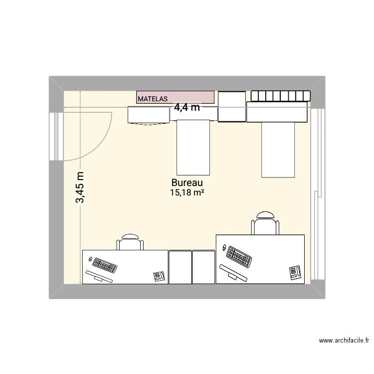 projet couture dans le bureau. Plan de 1 pièce et 15 m2