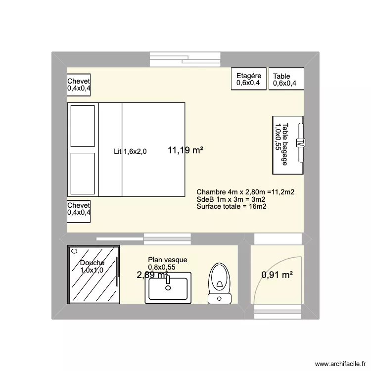 Chambre Hotel Mandroso Ivato.. Plan de 3  et 15 m²