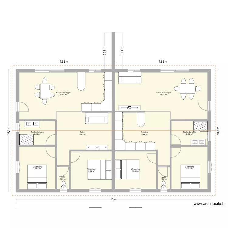 maison jumelle V2. Plan de 12  et 142 m²