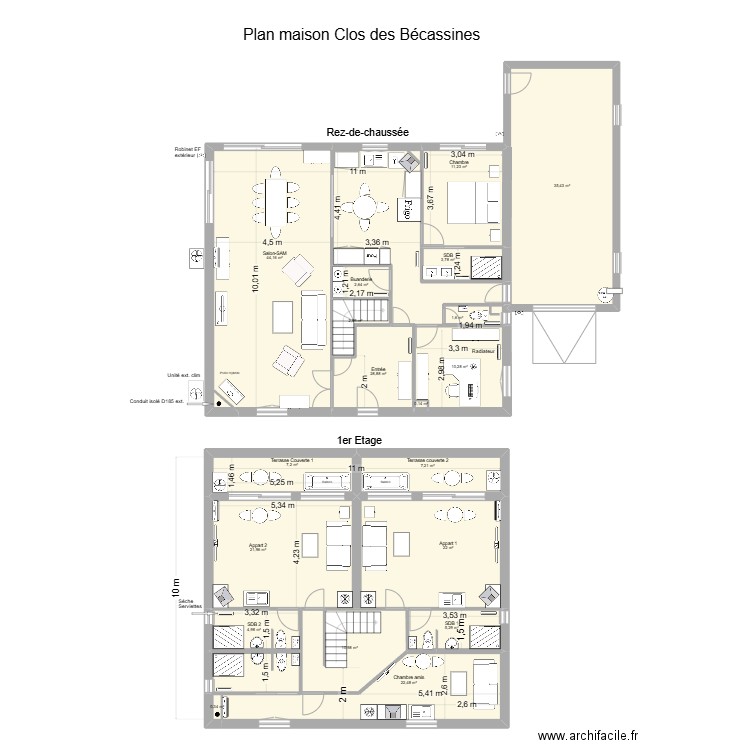 MAISON RDC CLOS DES BECASSINES GARAGE DECALE. Plan de 19 pièces et 244 m2