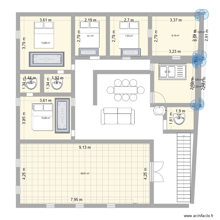 plan maison. Plan de 13 pièces et 95 m2