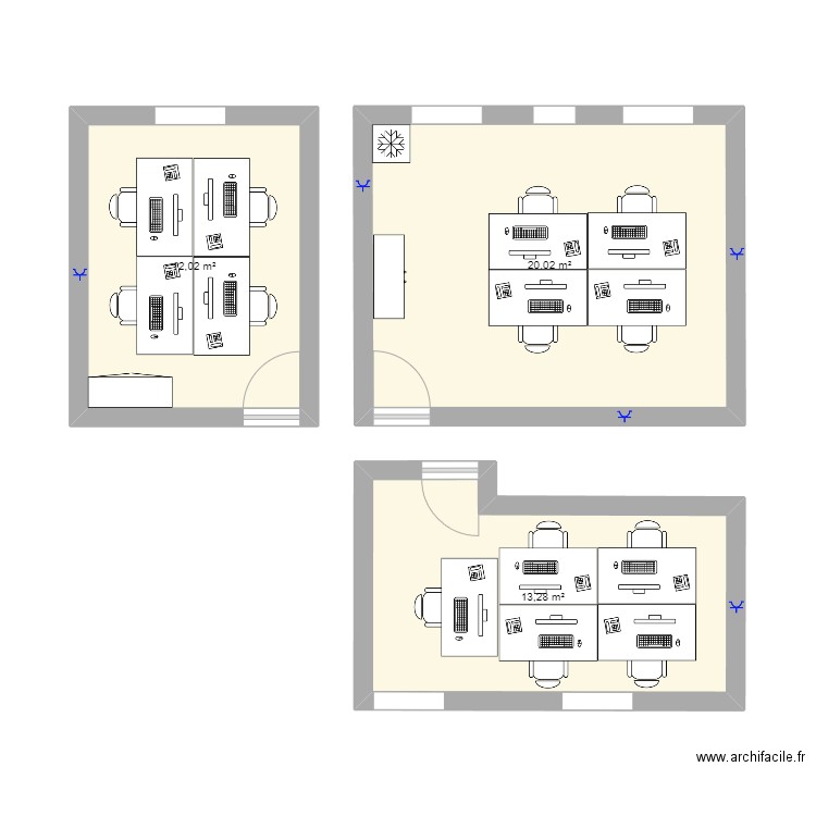 Bureaux GCI. Plan de 3 pièces et 45 m2