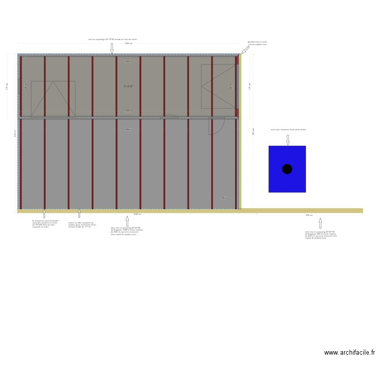 vue de dessus de l'ensemble garage avec la toiture et le mur 1. Plan de 1 pièce et 42 m2