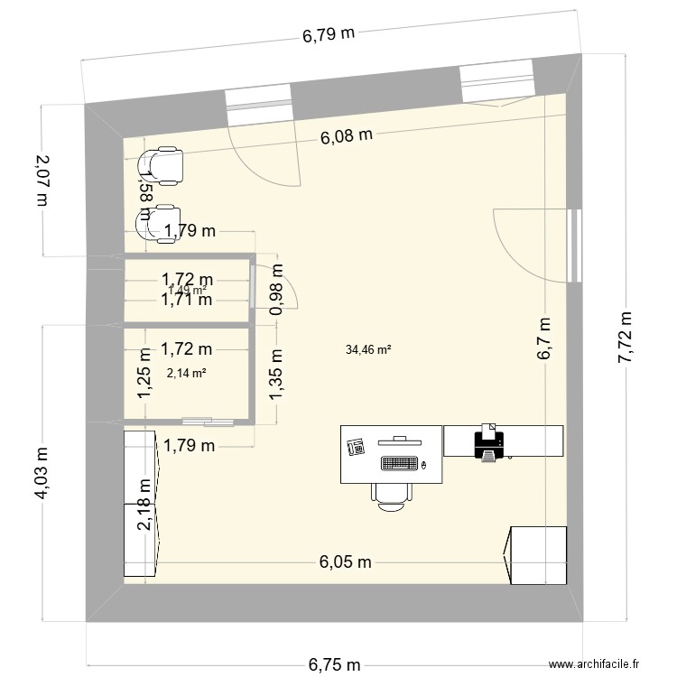LA POSTE  rdc version 1. Plan de 3 pièces et 38 m2