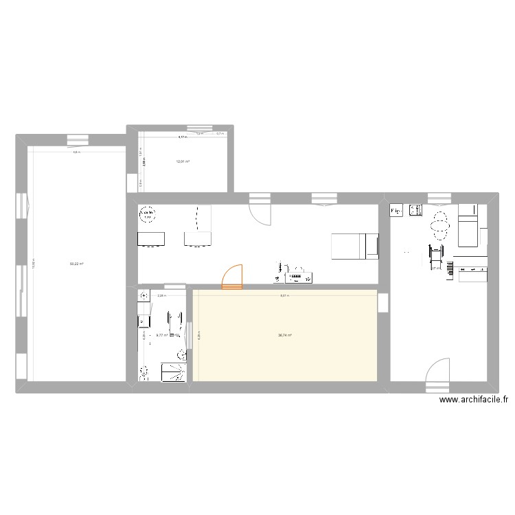 aménagement dans grange. Plan de 4 pièces et 109 m2