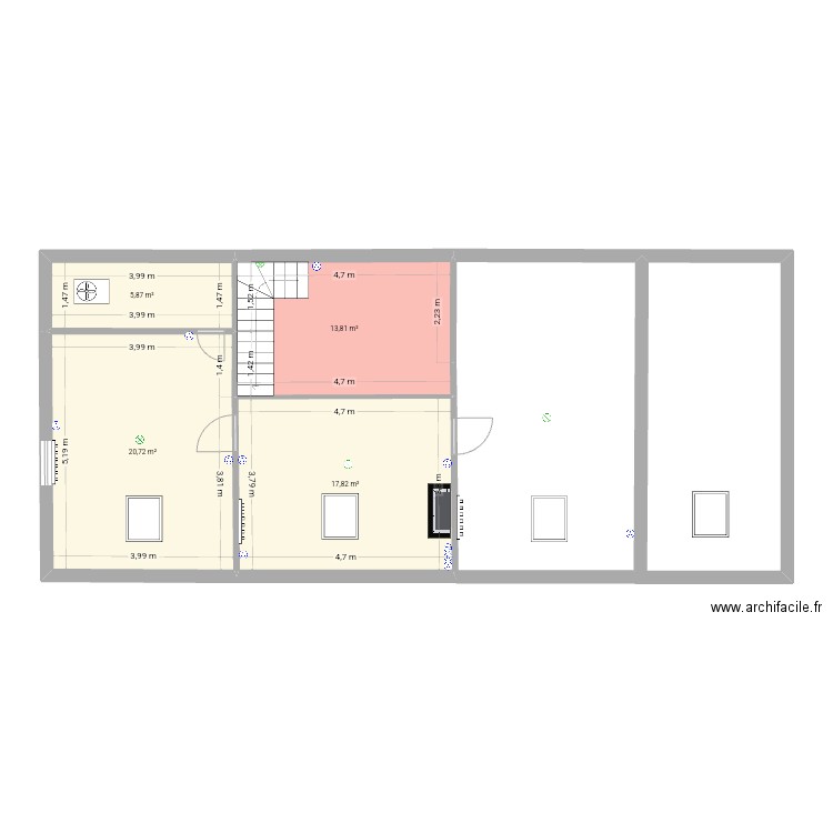 RDC actuel étage. Plan de 4 pièces et 58 m2