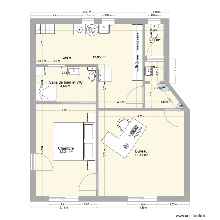 draguignan2 bis. Plan de 6 pièces et 51 m2
