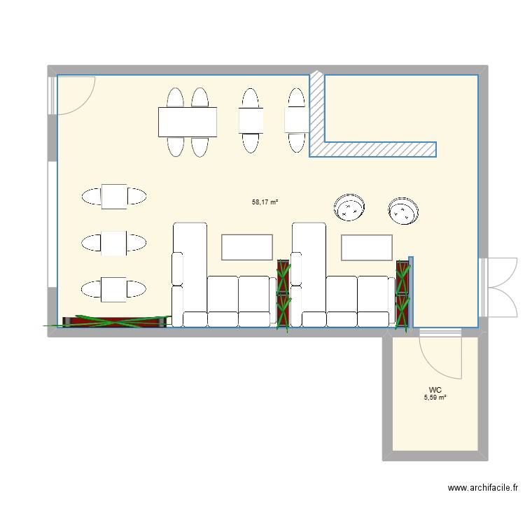 Restaurant Bohème. Plan de 2 pièces et 64 m2