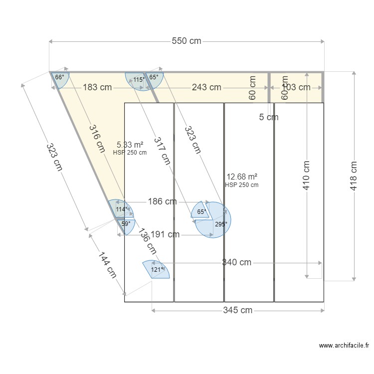 terasse. Plan de 2 pièces et 20 m2