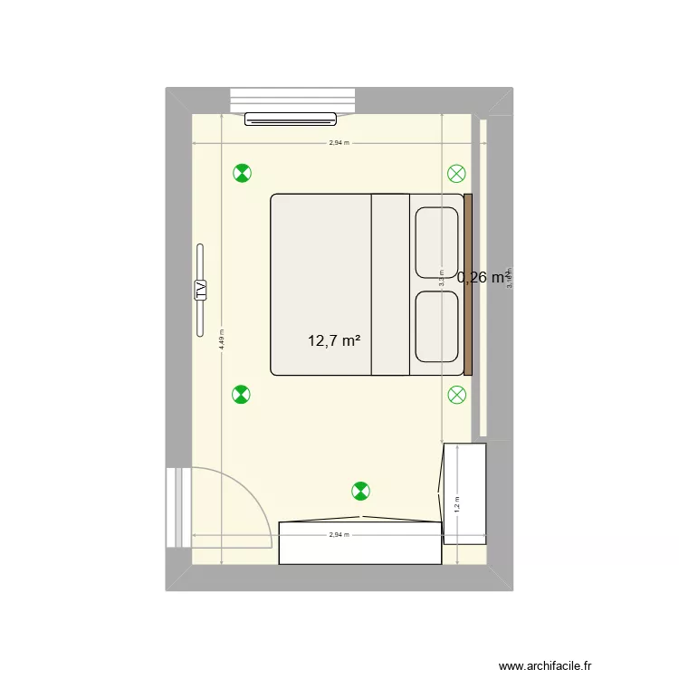 Chambre. Plan de 2  et 13 m²