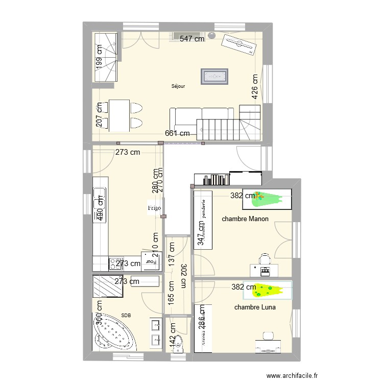 Pallud Etage1 après travaux. Plan de 7 pièces et 78 m2