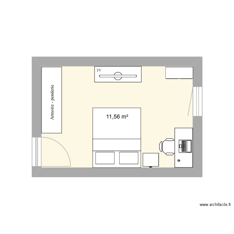 chambre. Plan de 1 pièce et 12 m2
