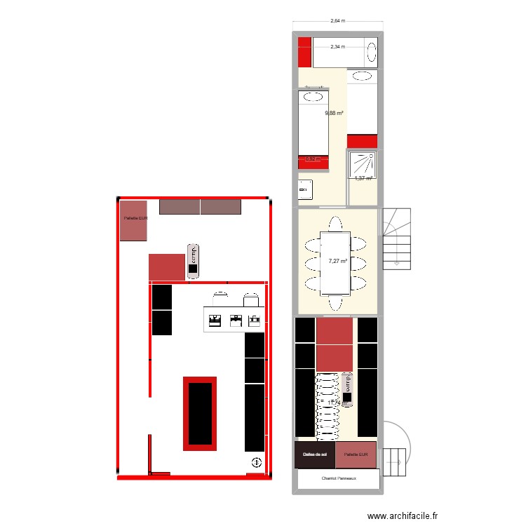 Box Atelier + Semi. Plan de 4 pièces et 30 m2