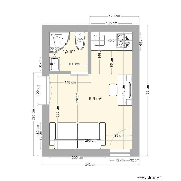 Plan studio - 35004. Plan de 2 pièces et 12 m2