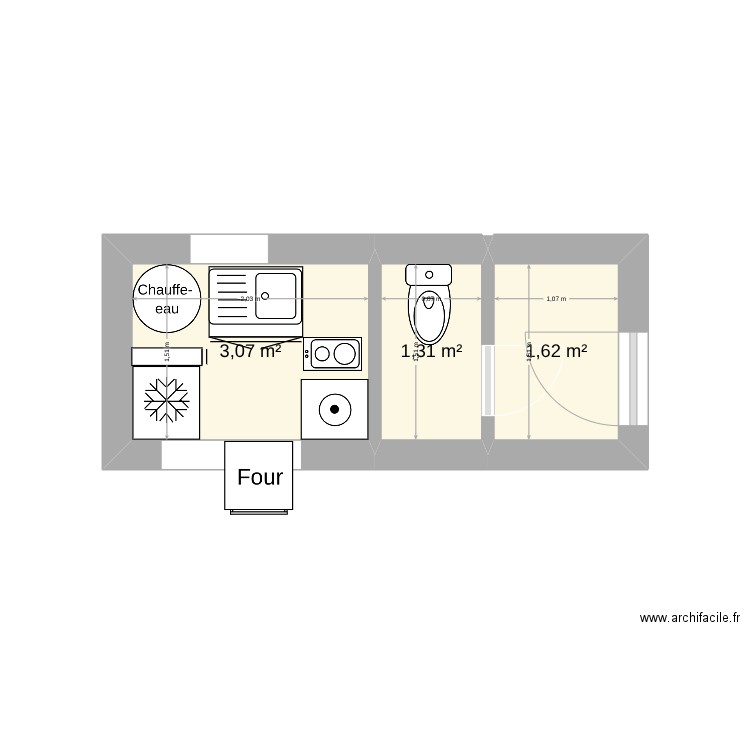 Cuisine Philippe. Plan de 3 pièces et 6 m2