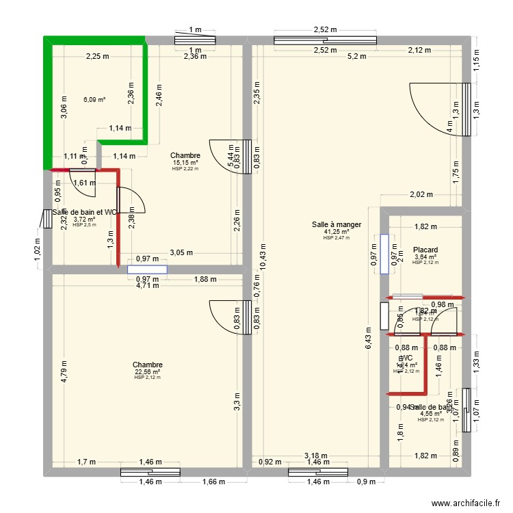 Plan placo Manu sans cloison. Plan de 9 pièces et 100 m2