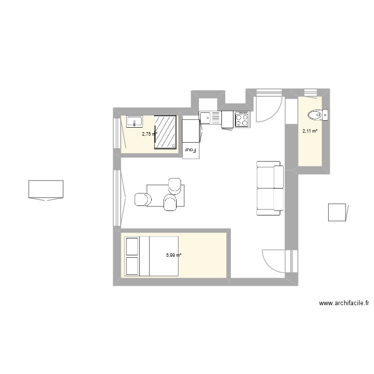 Appart 2 plan aménagé. Plan de 3 pièces et 11 m2