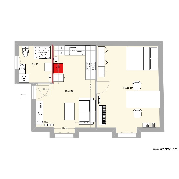 LEROY 308 actuel travaux V1. Plan de 3 pièces et 38 m2