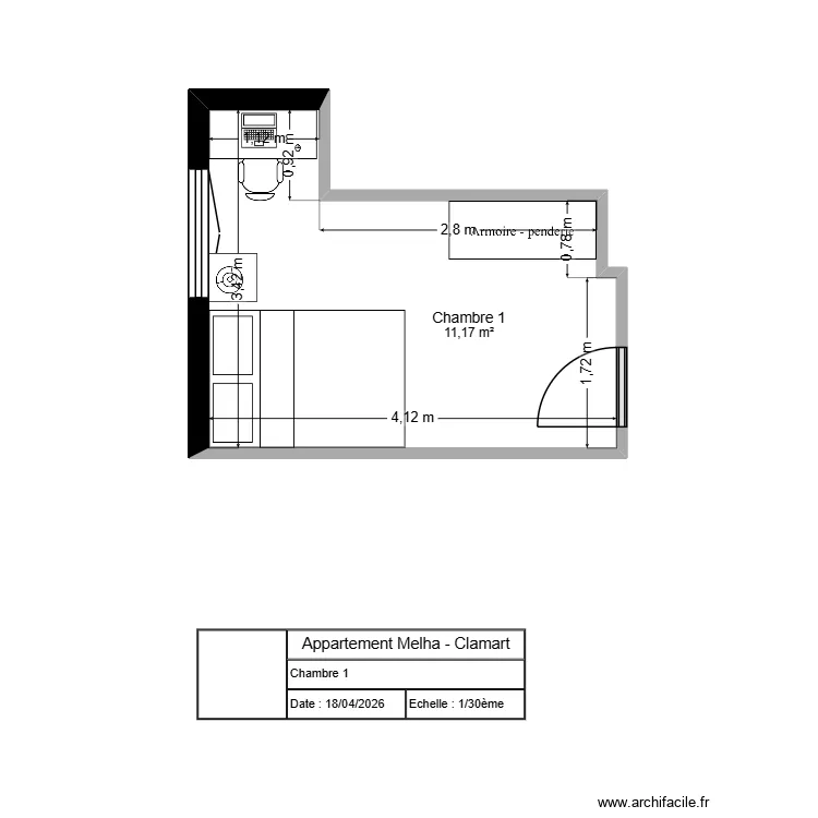Appartement Melha - Clamart. Plan de 1  et 11 m²