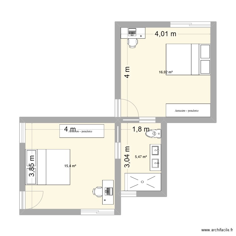 guests' room v2. Plan de 3 pièces et 37 m2