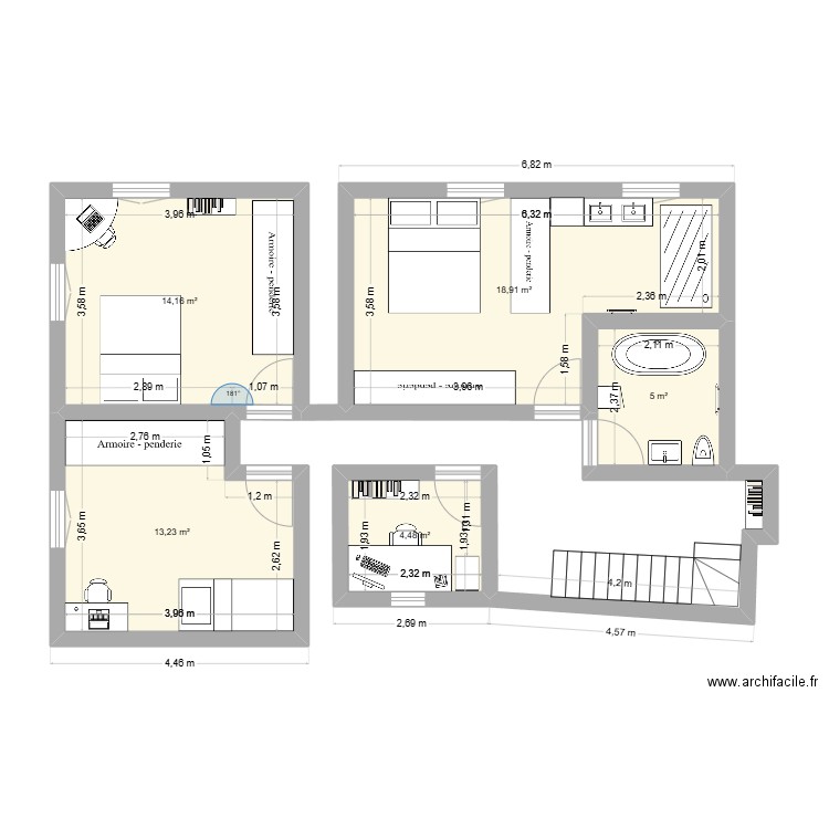 ebauche r+1. Plan de 5 pièces et 56 m2