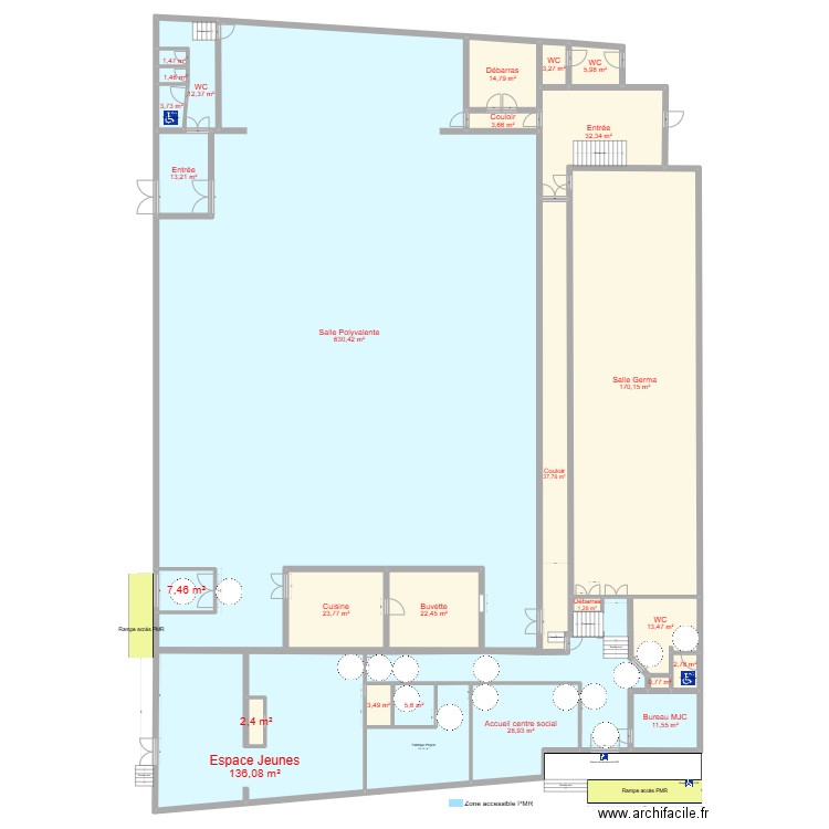 MJC RDC 01. Plan de 27 pièces et 1215 m2