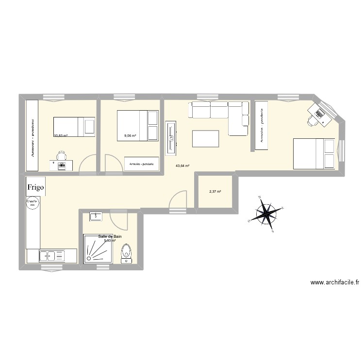 20 RJM- app 70 m2. Plan de 5 pièces et 72 m2