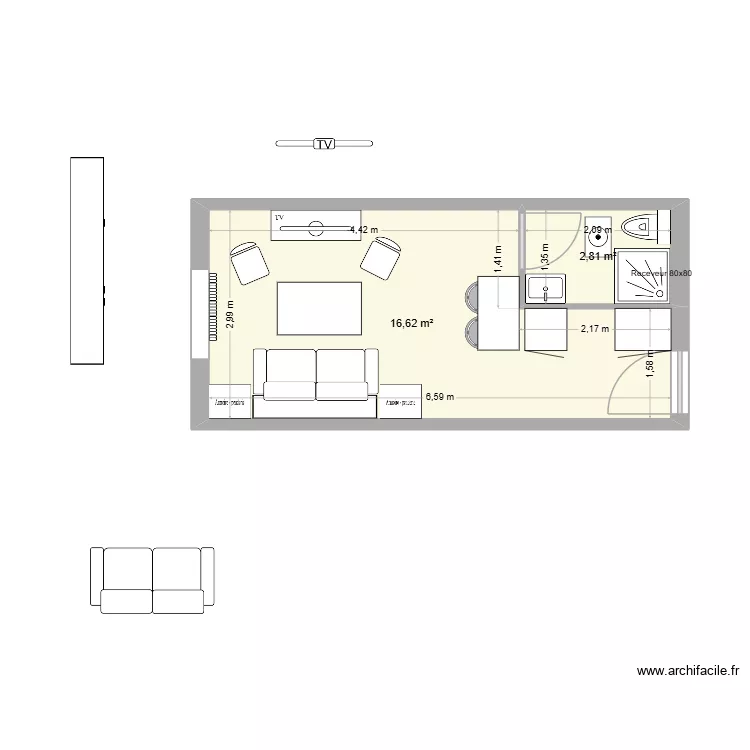 StudioPerigoudrine tvx3. Plan de 2  et 19 m²