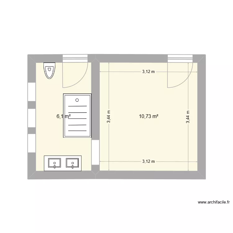 SDB 1er &eacute;tage V2. Plan de 2  et 17 m²