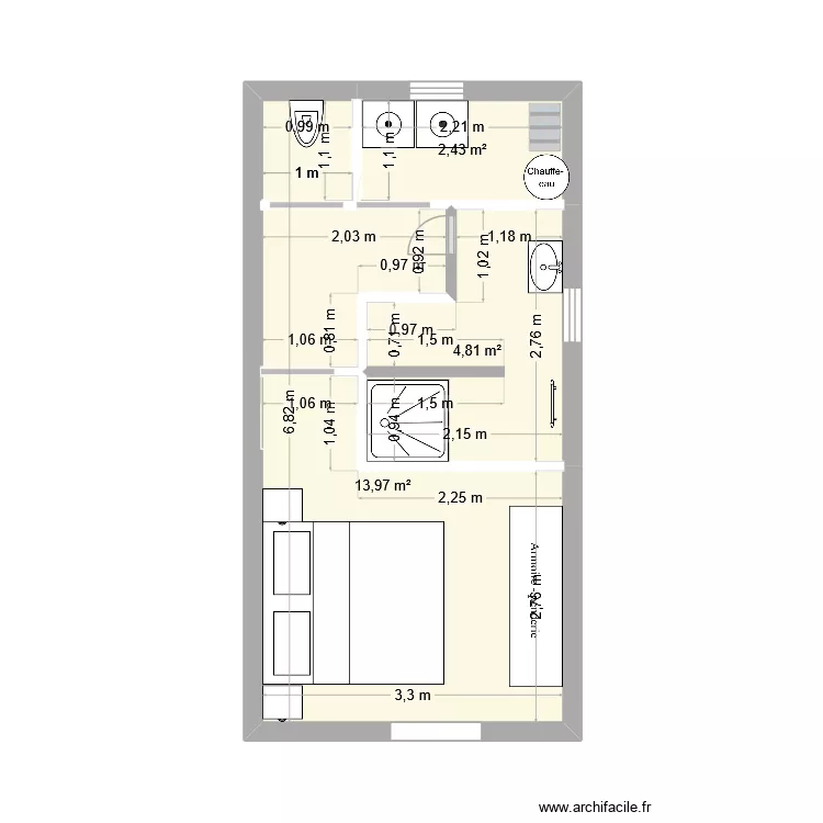 piece une du 36. Plan de 3  et 21 m²