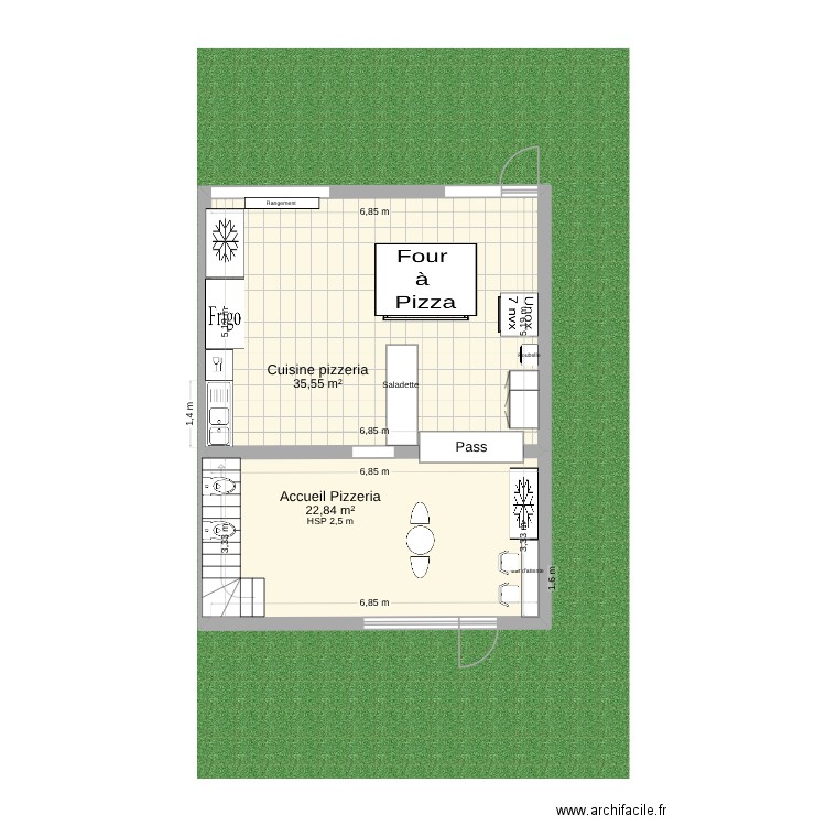 Pizzeria. Plan de 2 pièces et 58 m2