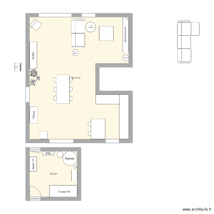 Salon. Plan de 2 pièces et 62 m2