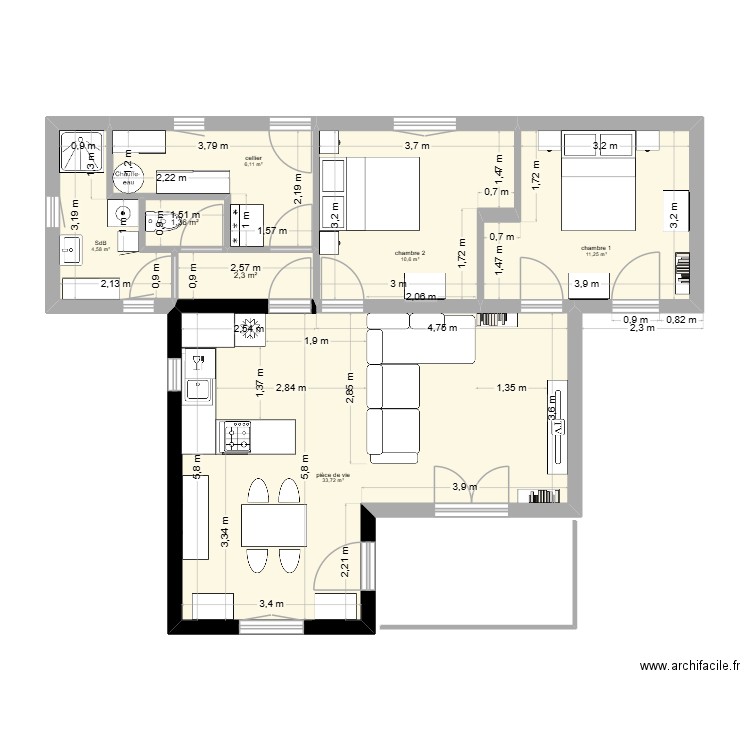 11 11 25 2ch 70m2. Plan de 7 pièces et 70 m2