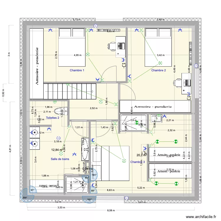 2e &eacute;tage d&eacute;finitif &eacute;lectricit&eacute;. Plan de 7  et 68 m²
