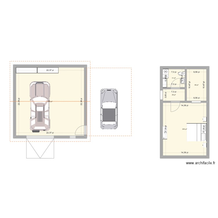 garage détaché + rallonge a droite. Plan de 5 pièces et 83 m2