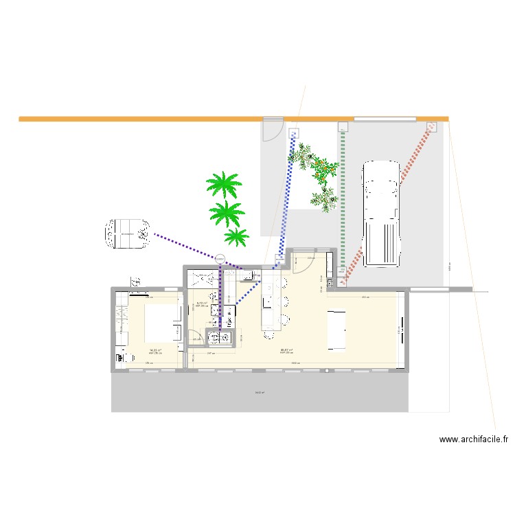 T2 66m² reseaux. Plan de 5 pièces et 68 m2