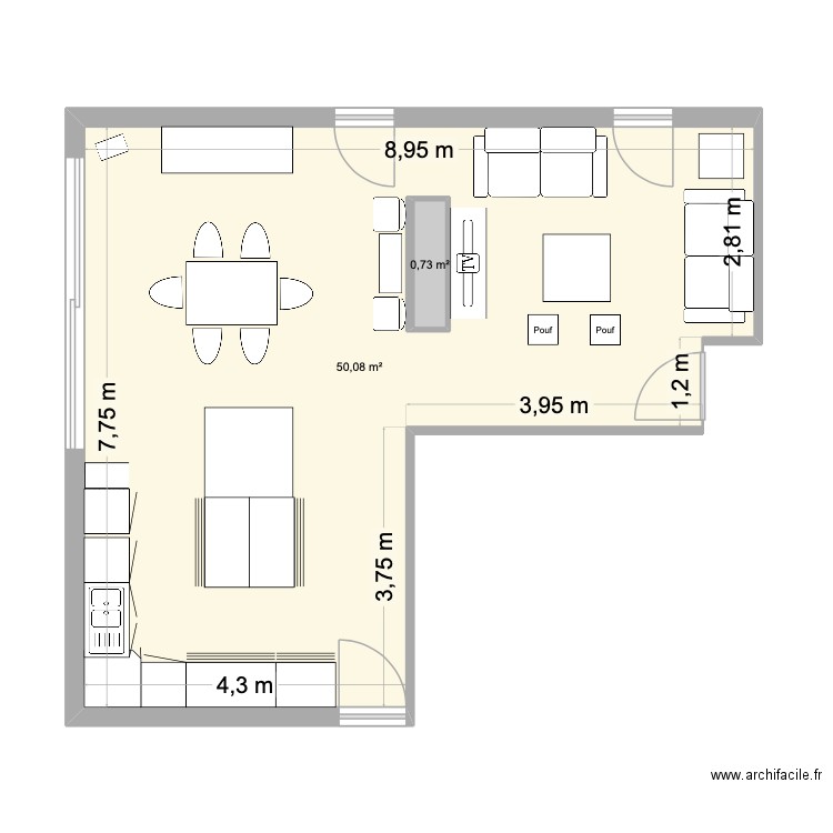 Salon. Plan de 2 pièces et 52 m2