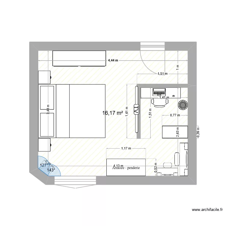 Chambre. Plan de 1  et 16 m²