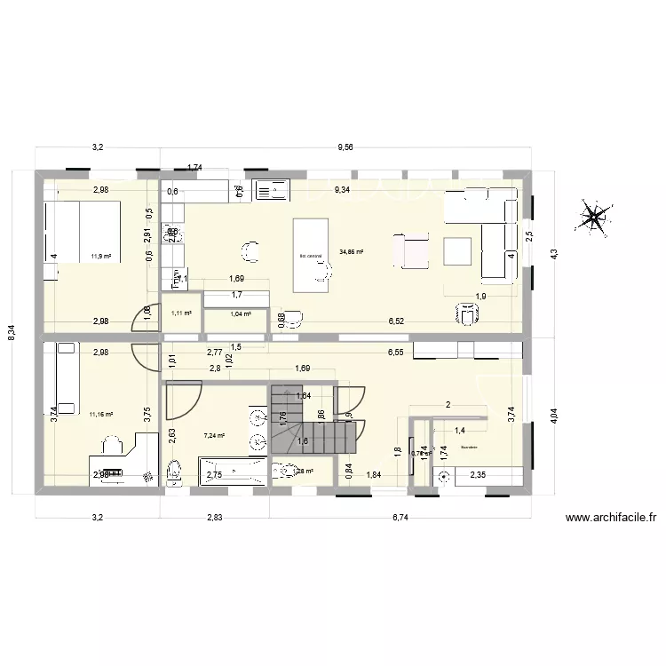 projet 1er &eacute;tage modif cuisine + buanderie V3. Plan de 8  et 93 m²