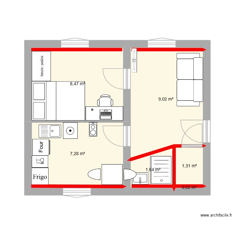 I2Etage2GaucheMeublé. Plan de 6 pièces et 28 m2