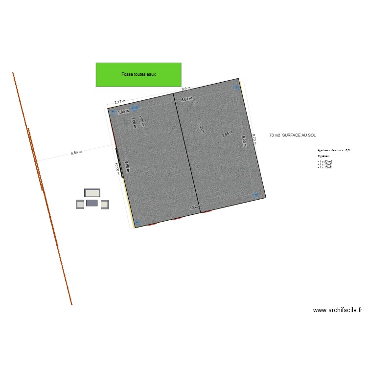 Grange 1  Façades avec toit. Plan de 1 pièce et 97 m2