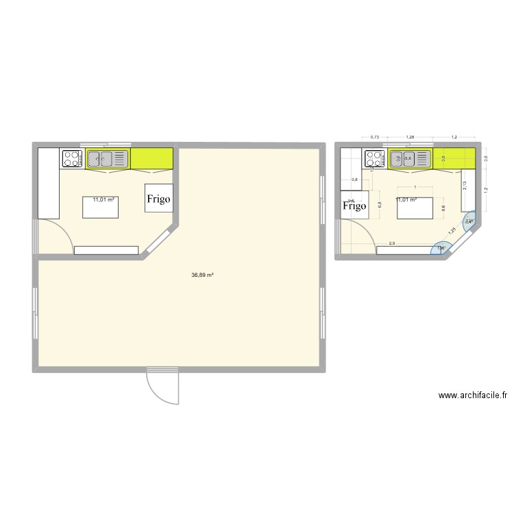 Cuisine Marie. Plan de 3 pièces et 59 m2