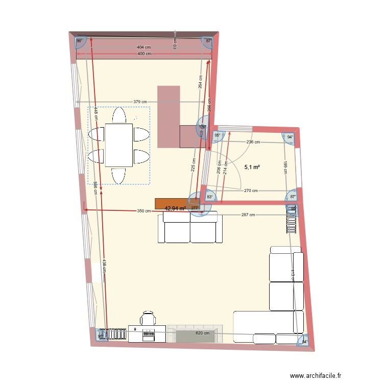 cuisine salon Montpellier V1. Plan de 2 pièces et 48 m2