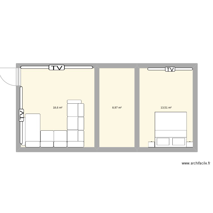 chambre type. Plan de 3 pièces et 41 m2