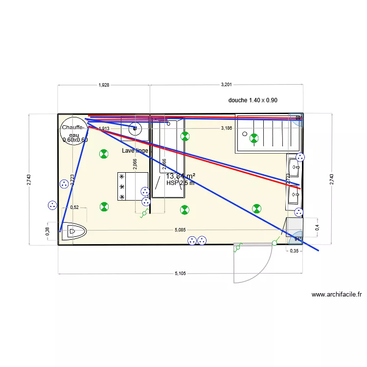 salle de bain. Plan de 1  et 14 m²