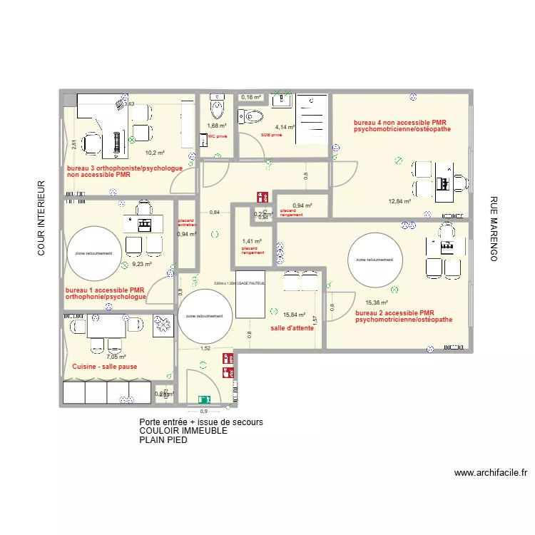 Cabinet Le Village. Plan de 14  et 80 m²