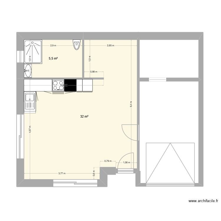 Pornic. Plan de 2 pièces et 38 m2