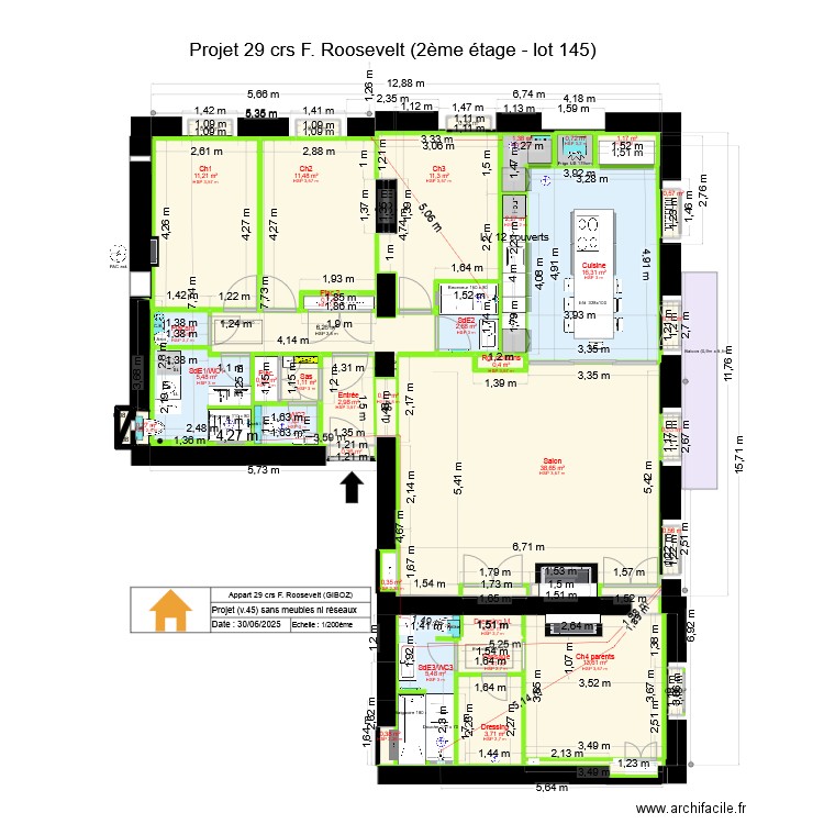29 crs FR v45 ss meubles. Plan de 41 pièces et 150 m2